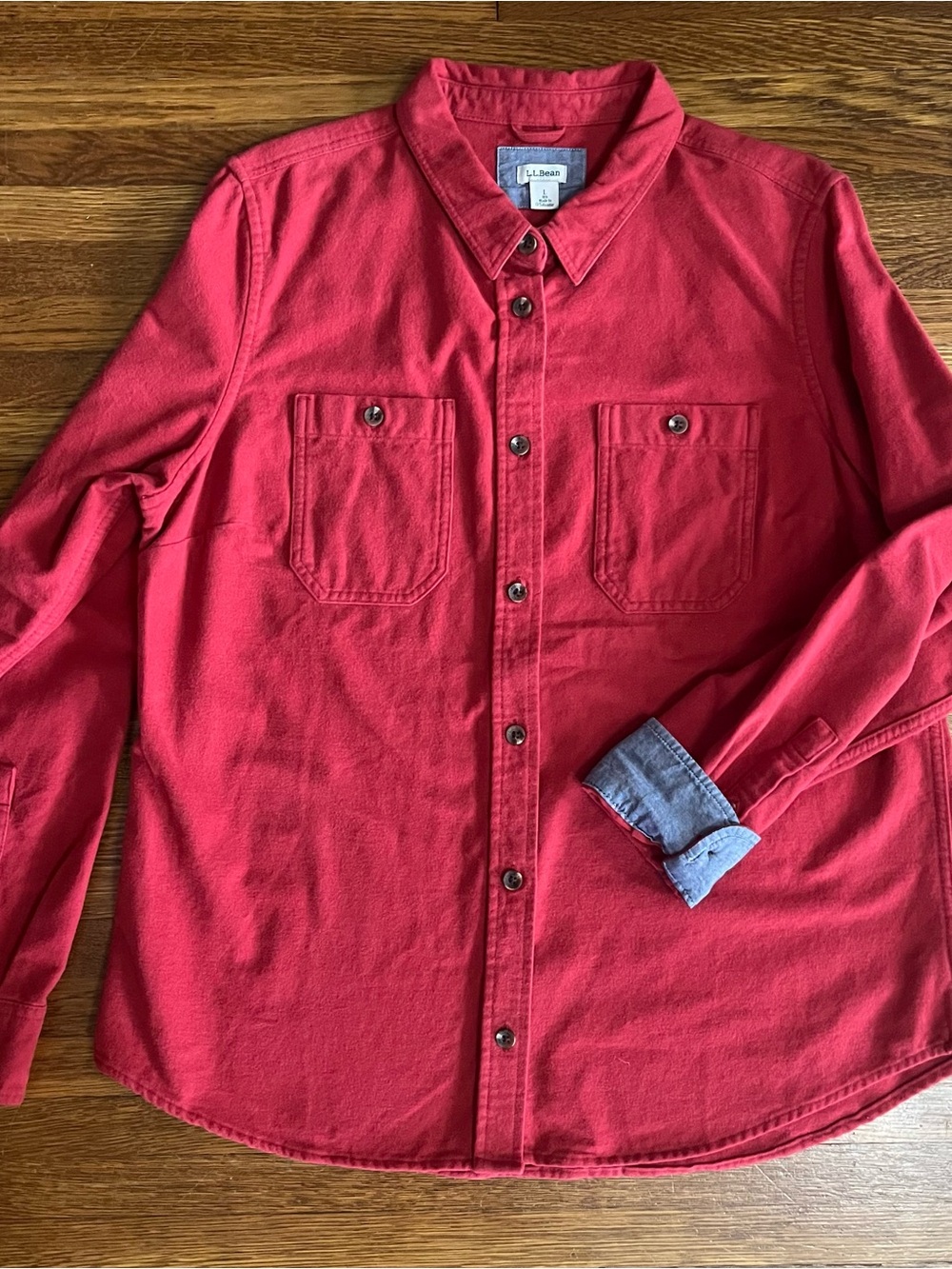 Ll bean womens flannel button up shirt L red solid classic cozy Fall Winter